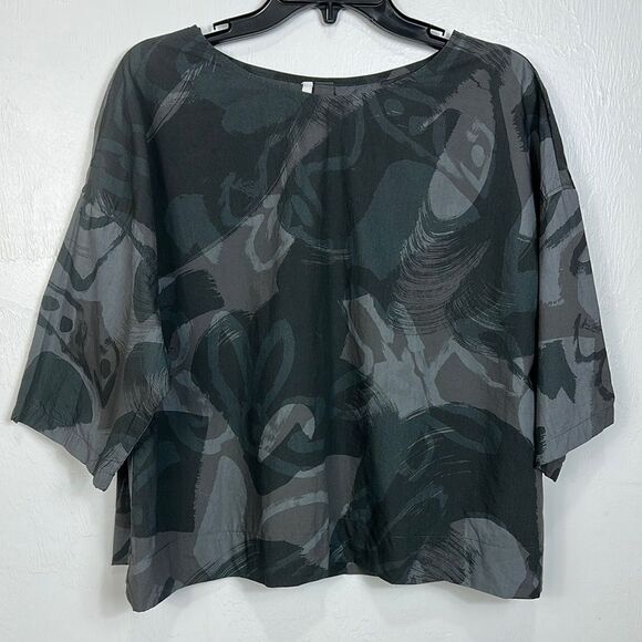 Ischiko Lagenlook 3/4 Sleeve Cotton Gray Abstract Top Blouse Size 10 - Picture 1 of 9